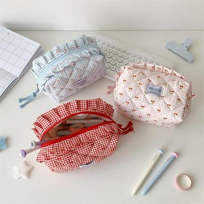 Cute Cherry Plaid Cosmetic Bags Portable Ladies Clutch Purse Women'S Lipstick Makeup Case Commute Female Storage Bag Pencil Case