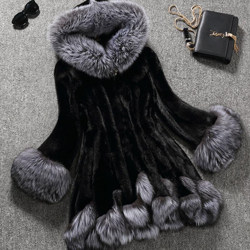 Faux Fur Coat Women  Autumn and Winter Mink Coat Fox Fur Collar Hooded Jacket Plus Size Faux Fur Coat
