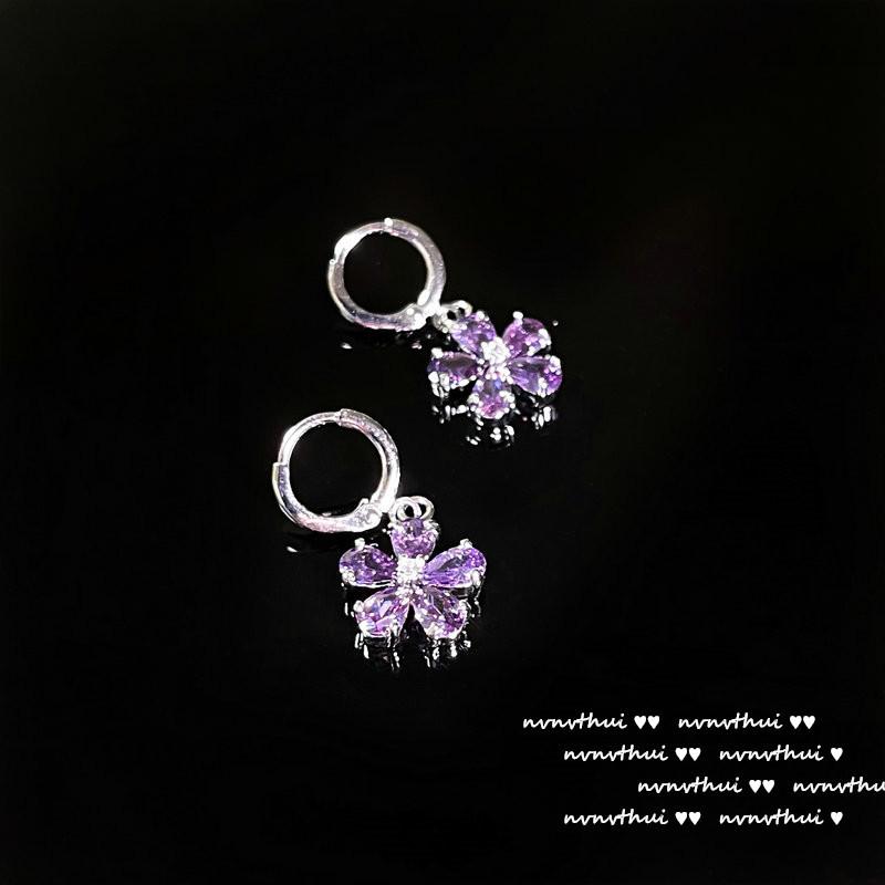 Lake Light And Water Shadow Purple Tanzanite Flower Earrings, Antique, 18K Gold Wheat Ear Plated Geometric Zircon Inlaid Earrings.