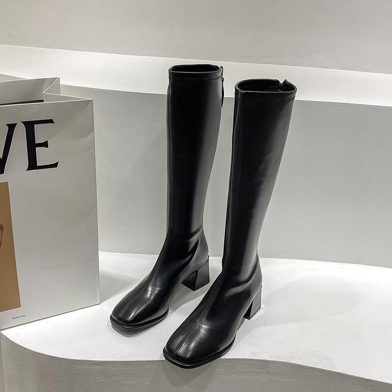 White tall tube square head but high heels knee thick heel  boots small boots season boots women