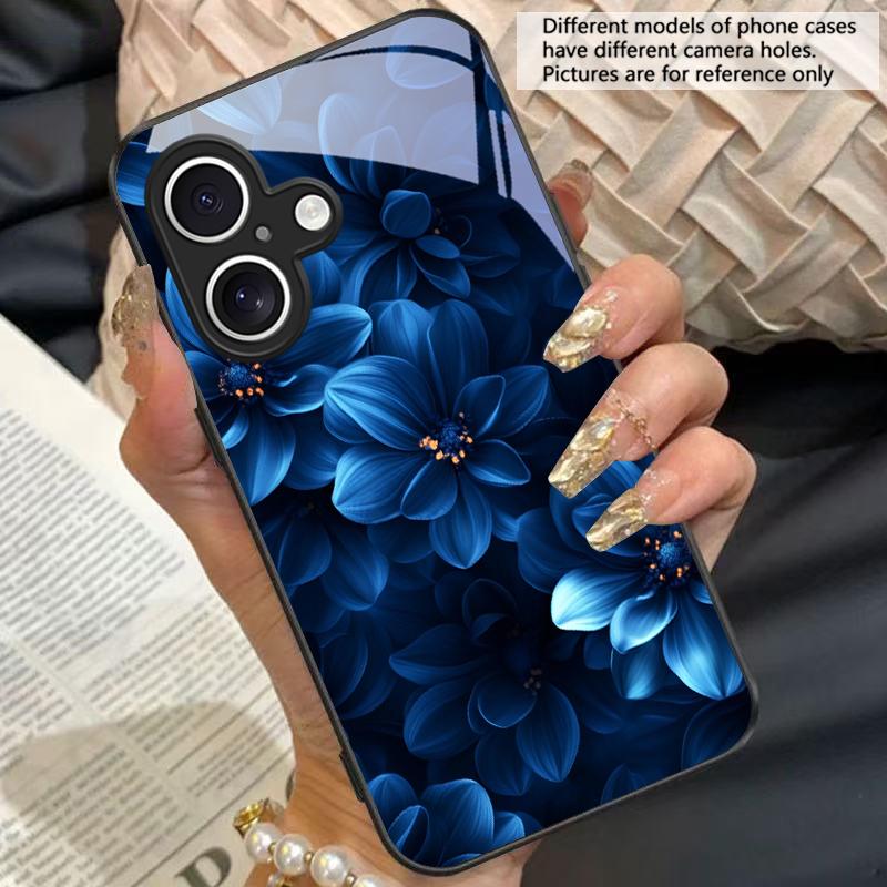 Blue and White Flowers For Apple iPhone 16E 16 E 11 13 15 P Ro 14 Pro Max 12 Mini 7 8 Plus XS Black Tempered Glass Phone Case