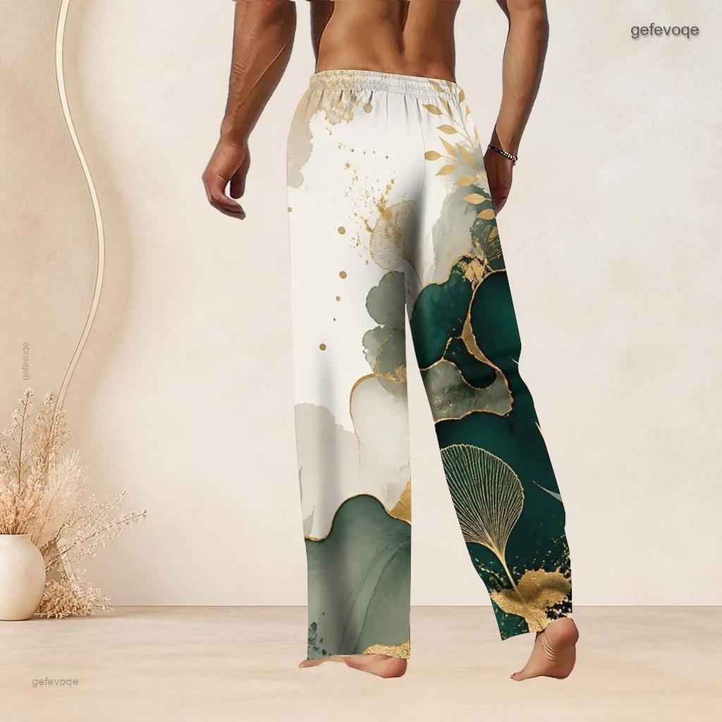 Men S Plus Size Drawstring Waist Blue Gold Marble Printed Straight Leg Full Length Beach Pants With Pockets