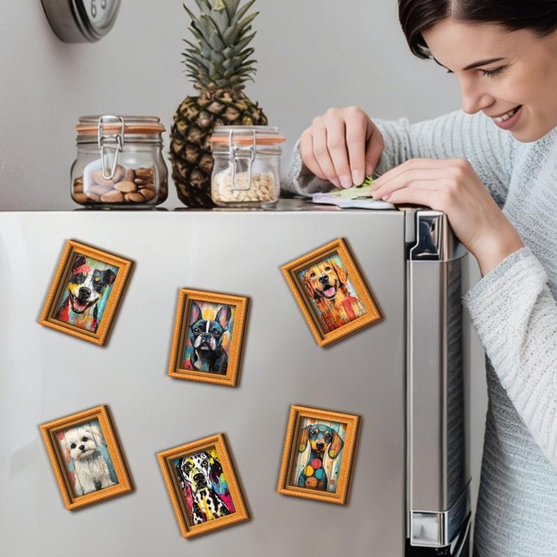 Artistic Dog Themed Refrigerator Magnets Natural Wood Frame Fridge Magnets for Kitchen Decoration