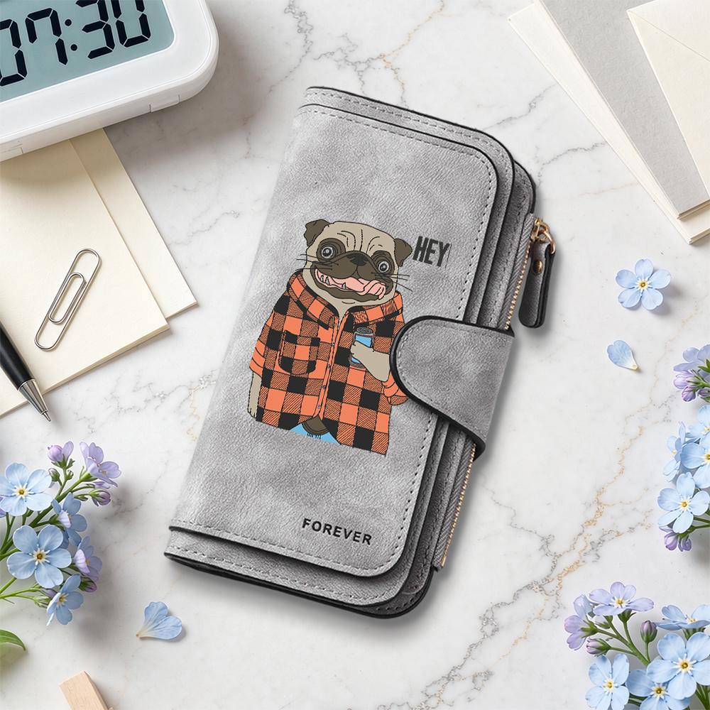 Cute Pug Print Long Wallet Fashion Casual Portable Card Holder Functional Daily Purses