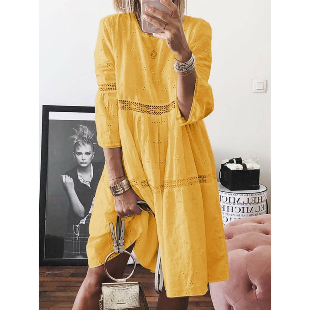 Spring Autumn Women's Plus Size Dress Lace Spliced Hollow Embroidered 3/4 Sleeve Casual Dress for European American Crossborder