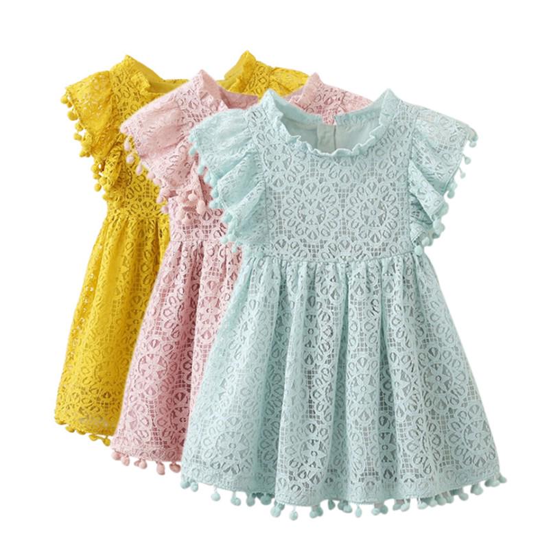 Toddler Baby Girl Lace Dress Infant Cotton Linen Lace Princess Overall Dresses Tassles Ruffle Sleeve Casual Sundress