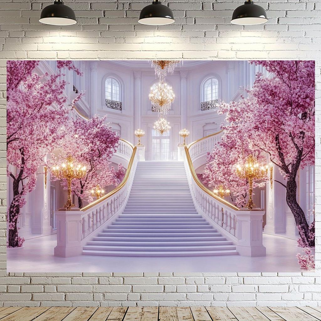 An Elegant Pink Floral Wedding Background with Stone Paths and Princess Castle - Suitable for Party and Wedding Decoration