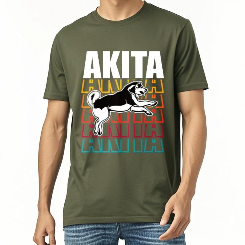 Unisex Tshirt Breathable For Men Crew Neck Tshirt Black Akita Dog Graphic With Colorful Text Layers Hiphop For Man Top Tees