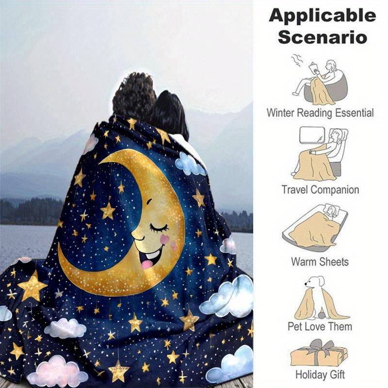 1pc Moon Printing Lightweight Flannel Blanket, Comfortable and Warm Blanket, for Camping Sofa Bed and Couch Office, Gift