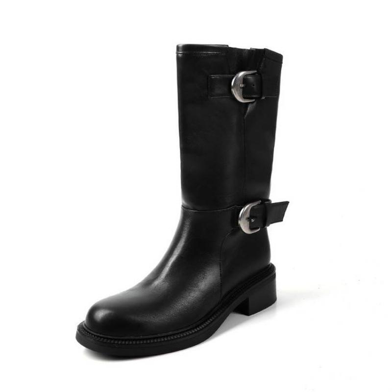 New women's leather boots round head versatile large size women's boots medium heel round head rubber platform high boots leather knight boots