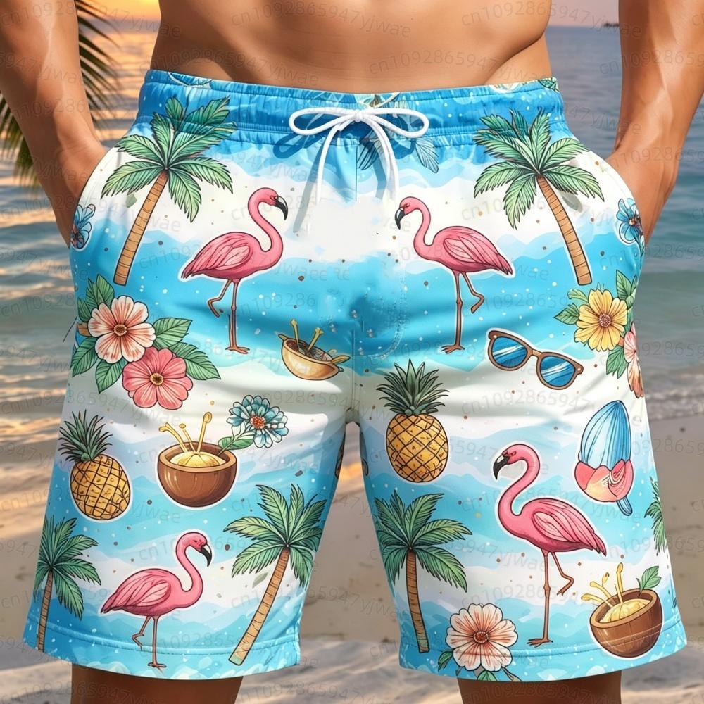 26 Summer Mens Beach Shorts Mens Swim Trunks Flamingo Coconut Tree Print Trunks Elastic Waist 3d Print Men Beach Shorts Pants