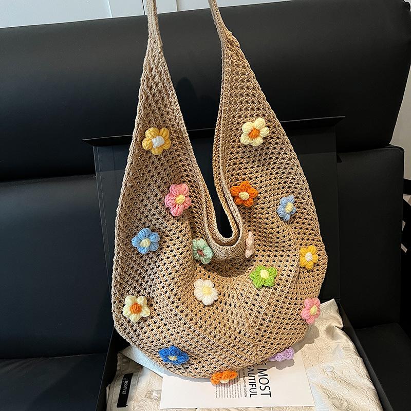 Женская вязаная сумка-тоут большой вместимости, ажурная, летняя, однотонная, эстетичная сумка-хобо для повседневного использования, женская