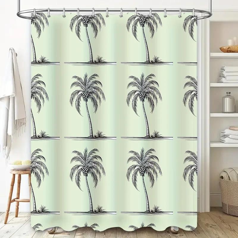 

Classic Black Palm Tree Print Shower Curtain For Bathroom Decor Cream White Solid Color Waterproof Fabric W60H190(CM)-1 Pcs