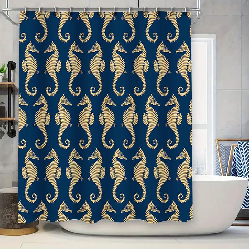 Gold Seahorse Bath Shower Curtain Decorative Waterproof Fabric Printing Bathroom Window Privacy Protection Home Decoration Custo