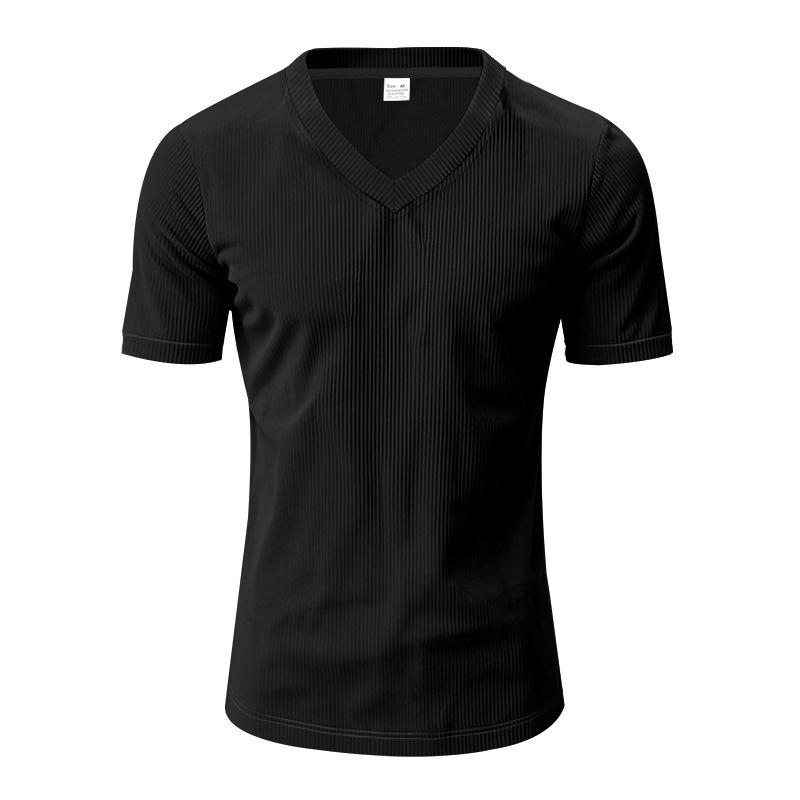 Men's Knit Tshirt Solid Color Short-Sleeved V-neck Slim Fit Casual Summer Basic Tee