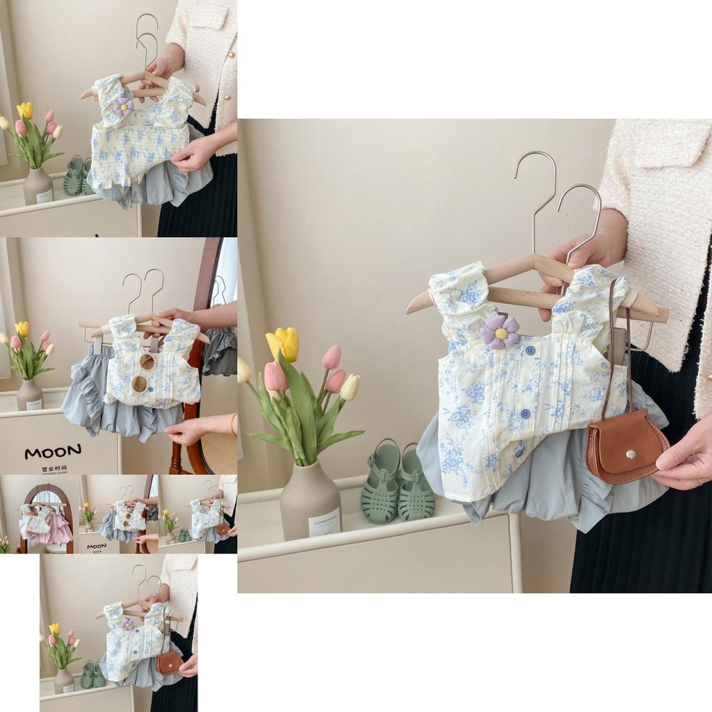 Cute Sweetheart Blue Floral Sleeveless Top And Short Pants Baby Girl Set