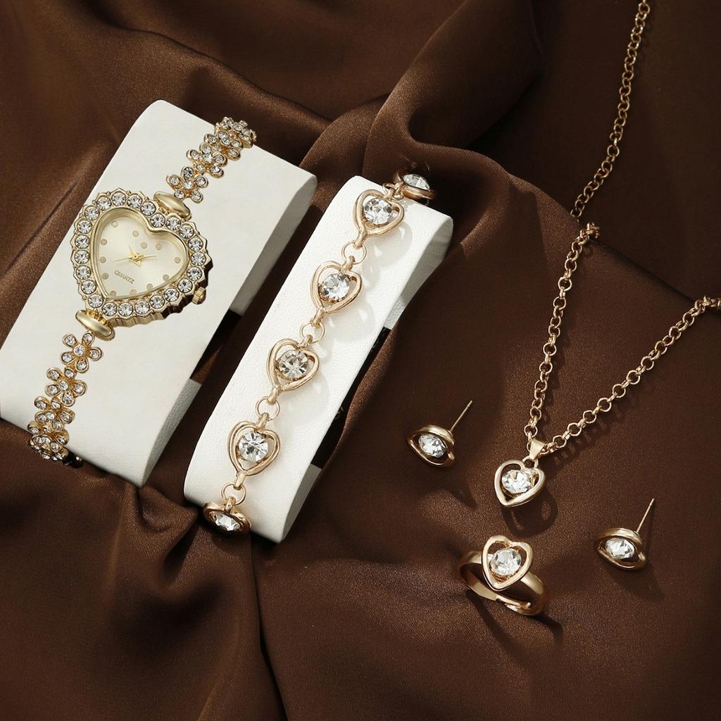 5 st/set Vardagsmode Kvarts Klocka & Hjärta Strass Smyckesset Gåvor för Kvinnor Lyxmärkesdesign Kvinnor Montre Femme Reloj