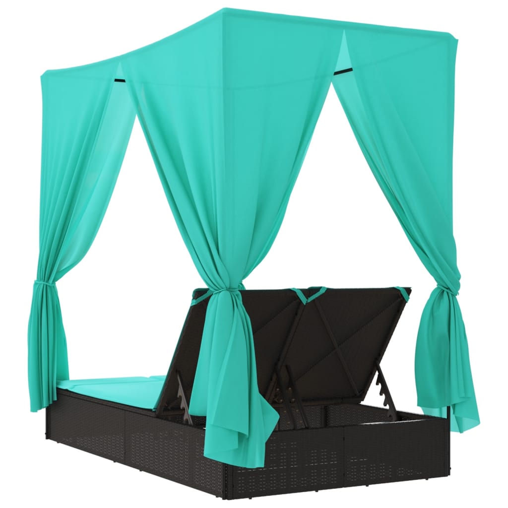 Double Sun Lounger with Canopy and Curtains Black Poly Rattan