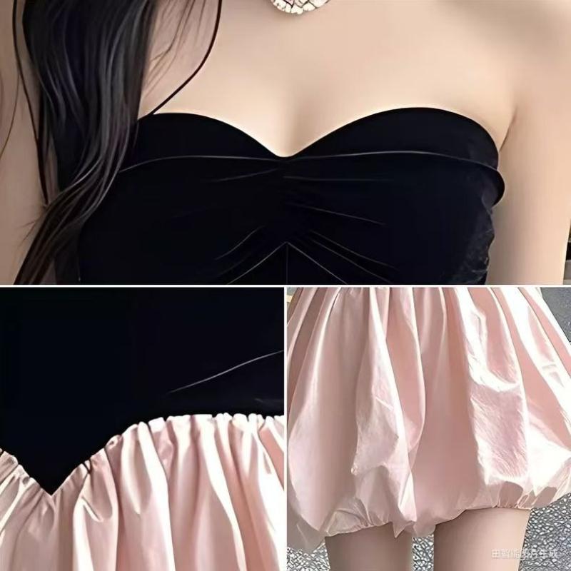 French Style Sweet Socialite Color Block Puff Mini Dress Strapless Slim Fit Elegant and Sexy Suitable for Parties Casual Outings Travel Evening Events