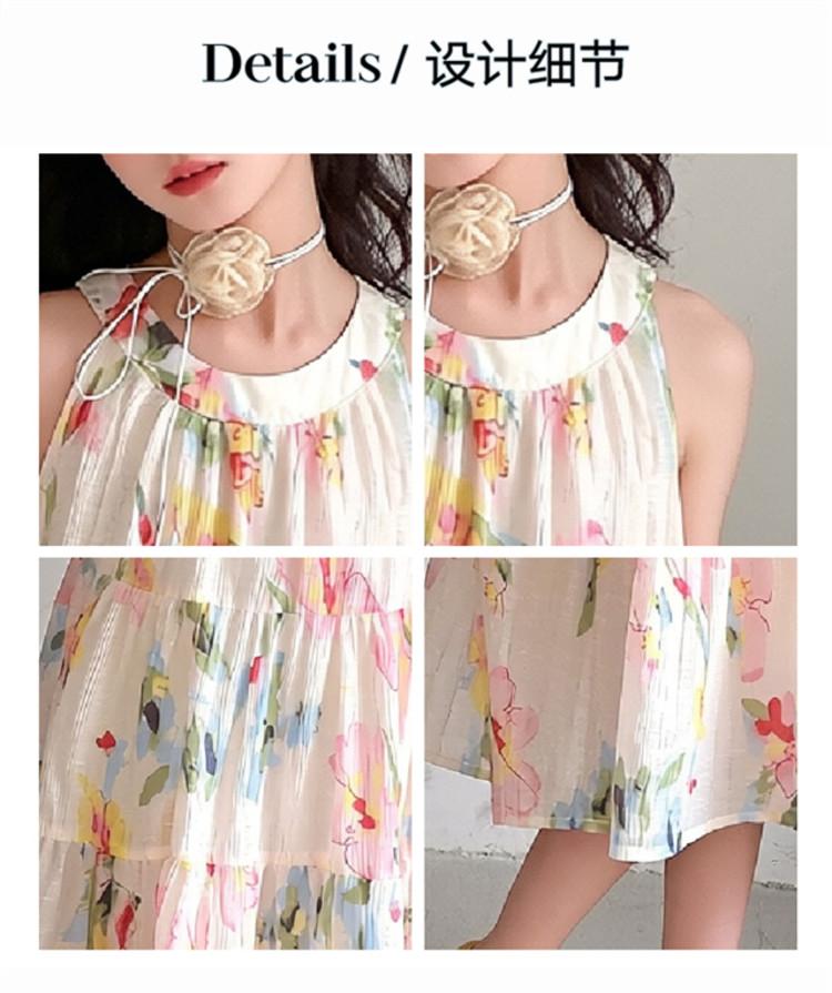 Girl's Floral Neck-Hanging Suspender Dress with Bow