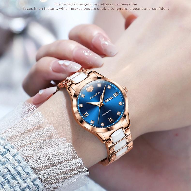 JINSHIDUN-merkeklokker Diamantbelagt romersk automatisk mekanisk klokke Vanntett dameklokke dameklokke