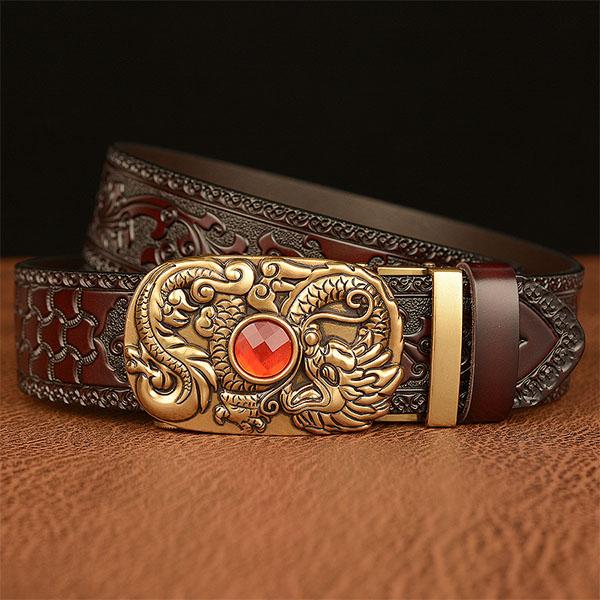 Belt Genuine Leather Belt for Men Carving Flower Pattern Gold Automatic Buckle Belt Strap for Jeans