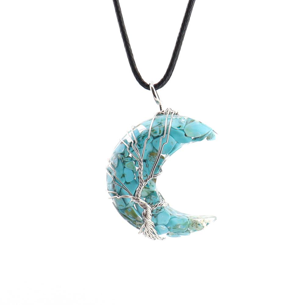 Chakela Crescent Moon Tree of Life Pendant with Natural Crystal Stone and Resin Wrap