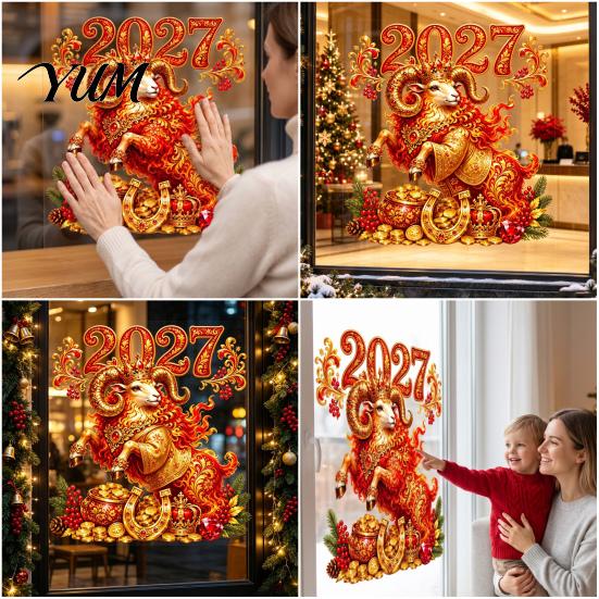Chinese New Year Home Decor 2027 Red Golden Sheep Window Cling, Electrostatic Glass Sticker with Cornucopia, PVC Waterproof Decorative Film for Shops