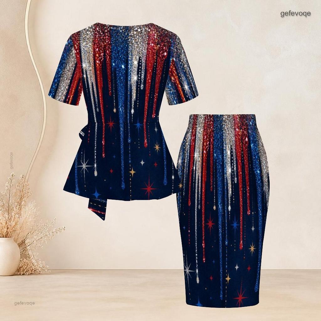 Women Plus Size Two Piece Skirt Set Round Neck Short Sleeve Printed Tie Waist Top Fitted Skirt Red White Blue