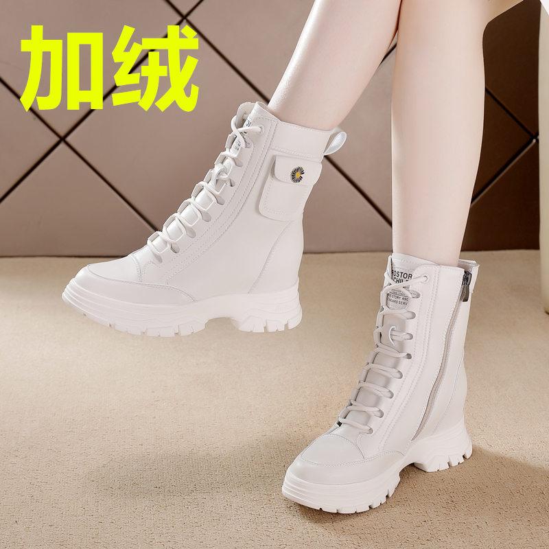 Inner Height Increasing Martin Boots Women's Fleece Warm Cotton Boots Thick-soled Lace-up Lightweight Medium Boots Autumn and Winter Snow Boots Women