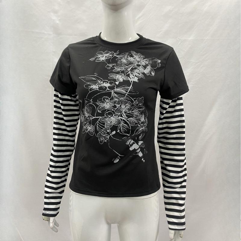 

Европейский и американский Y2K персонализированный модный женский топ с принтом, имитирующий двухпредметный, в полоску, с длинным рукавом S