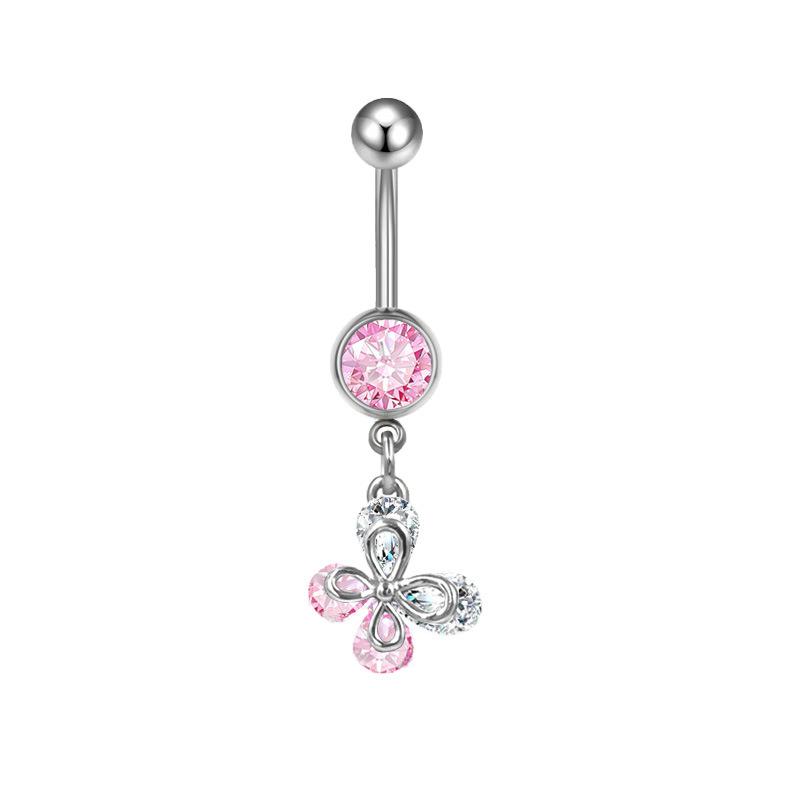 Fashion Pink Crystal Crown Belly Button Rings Stainless Steel Long Pendant Butterfly Heart Navel Piercing For Women Jewelry