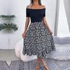 Kadın İlkbahar Yaz Omuz Açık Çiçek Fırfırlı Orta Uzun Elbise