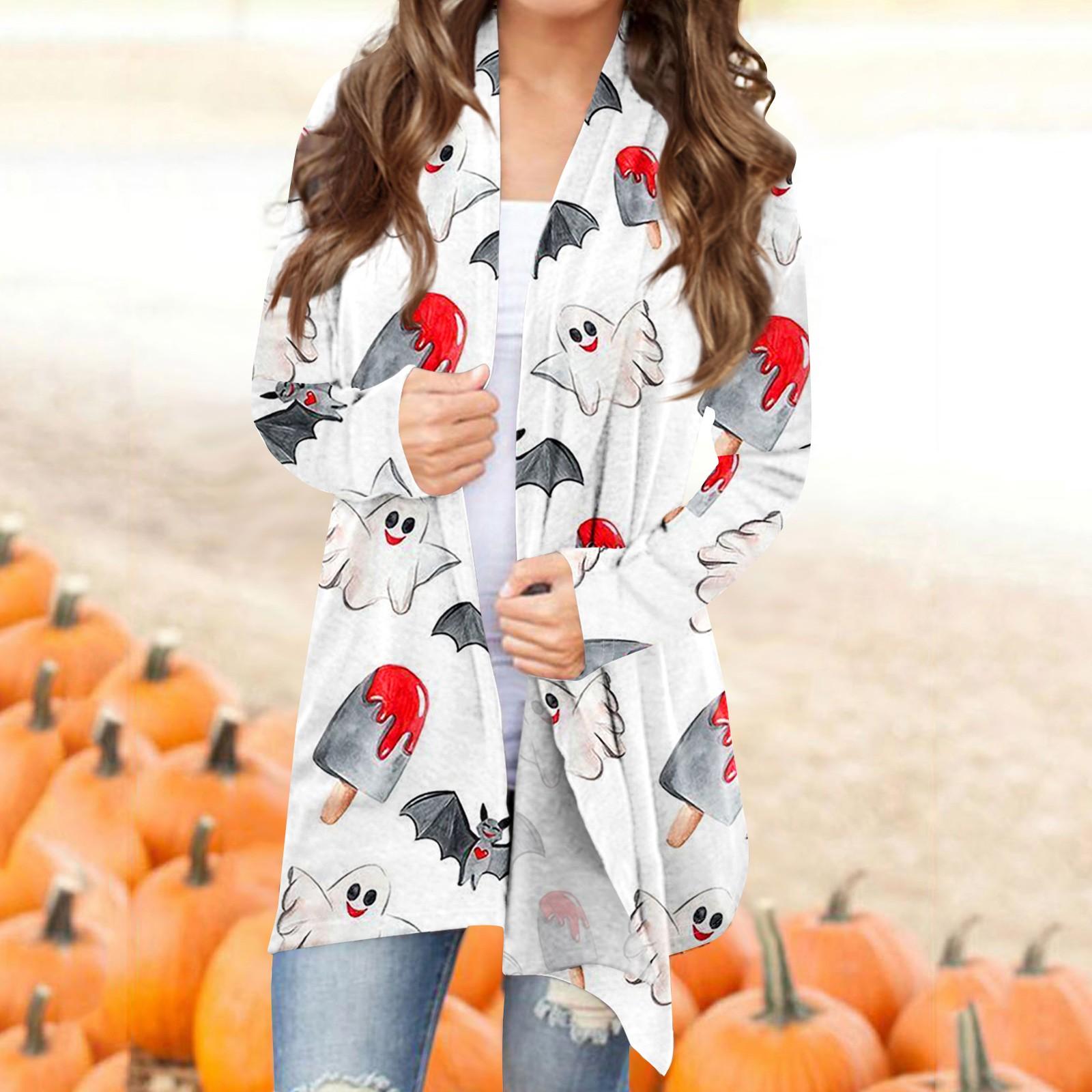

Женский модный повседневный кардиган средней длины с принтом на Хэллоуин, куртка, пальто M белый