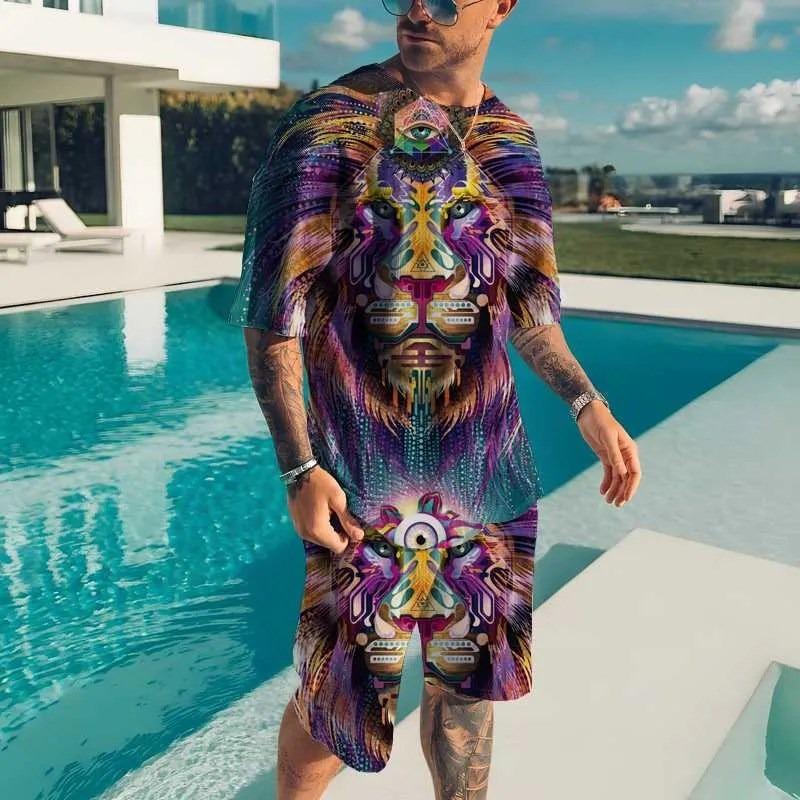 Summer New Men's Animal T-shirt Set 3D Printed Animal Pattern
