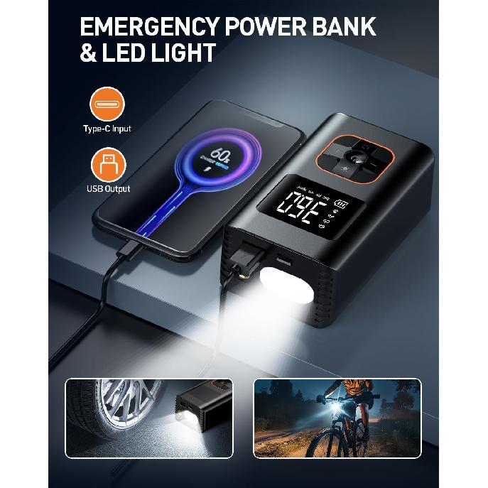 Tire Inflator Portable Air Compressor, 8000mAh Cordless Air Pump for Car Tires, 150 PSI Electric Bike Tire Pump with LED Light and Digital Pressure