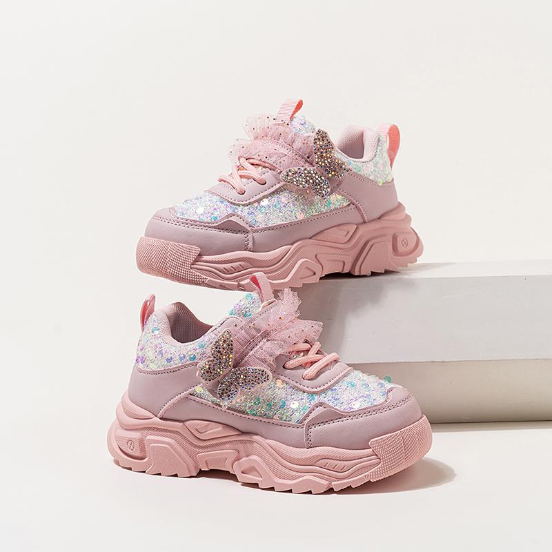 Fashion New Girls' Sports Shoes Anti Slip Soft Sole Sequin Shinny Butterfly Cute Tennis Running Shoes Princess Shoes for Baby Girls