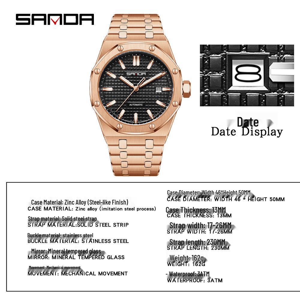 SANDA Men's Waterproof Mechanical Watch with Solid Steel Band and Calendar