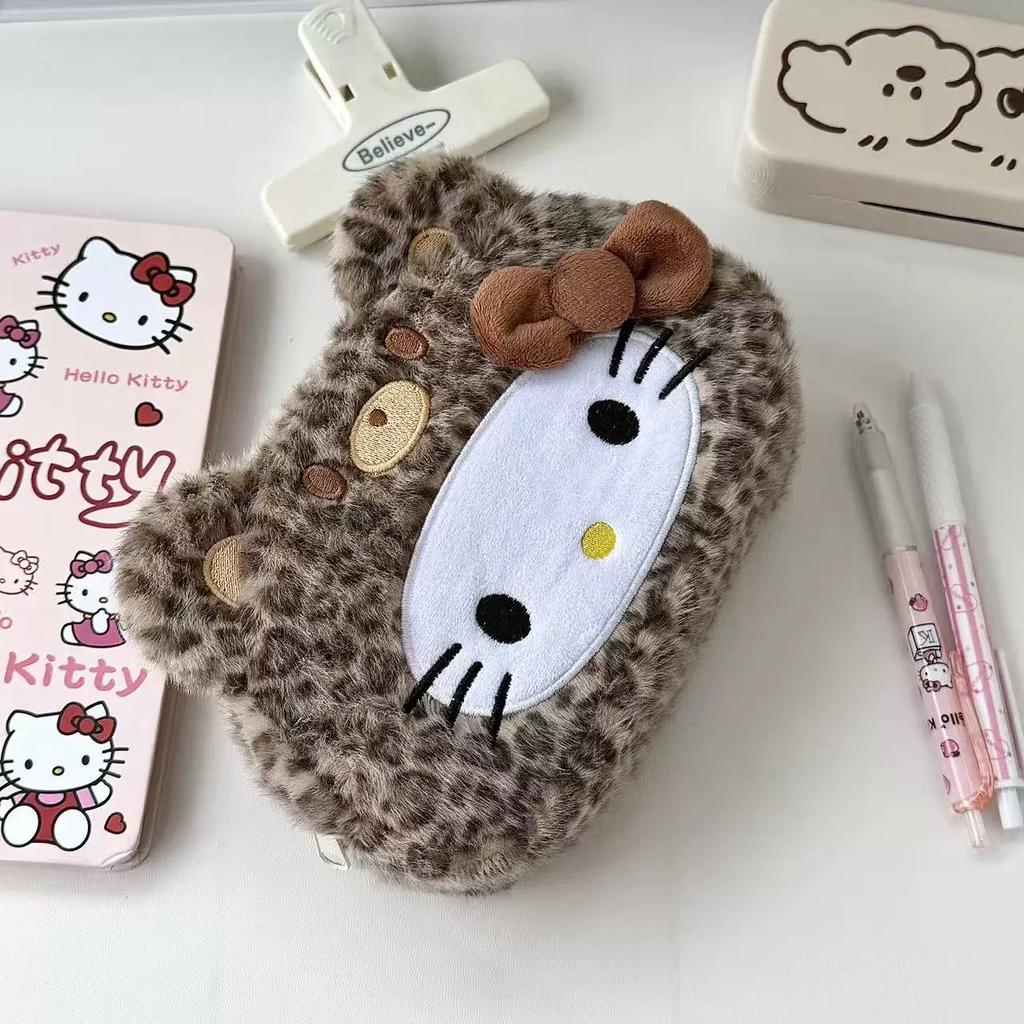Hello Kitty Plush Pencil Case New Leopard Print Japanese Style Large Capacity Aesthetic Stationery Pouch For Adult Daily Use