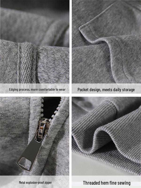 Women's Petite Gray Fleece-Lined Hooded Sweatshirt, Thickened, Short Jacket for Autumn and Winter