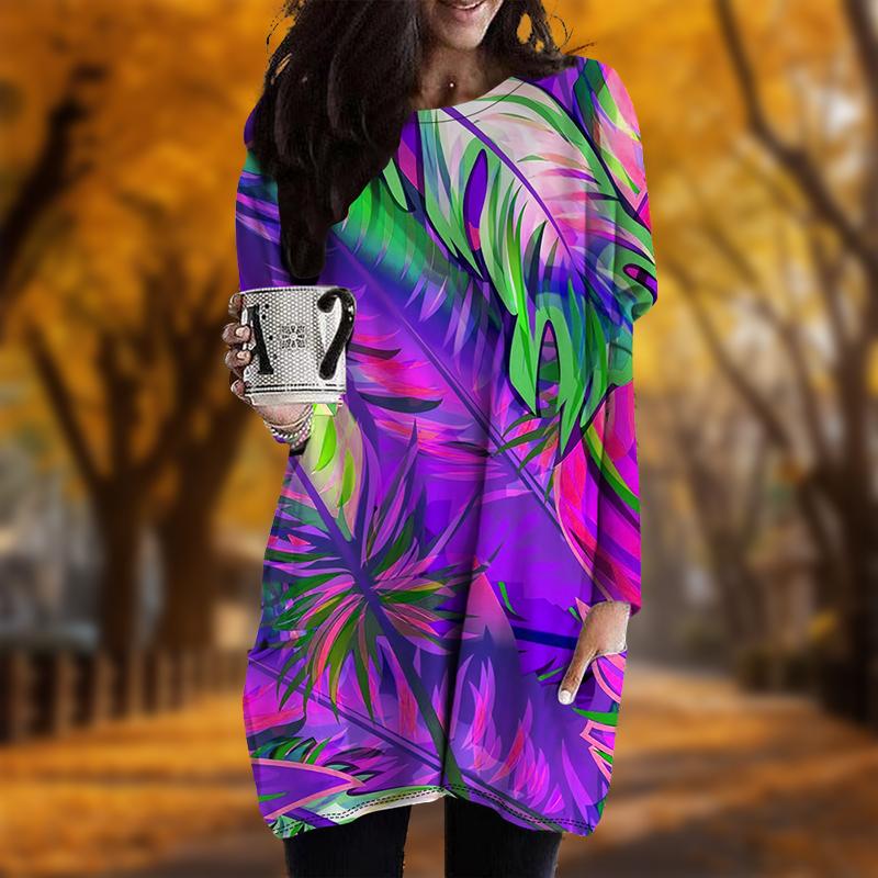 Neu im Herbst Ölgemälde Federn Druck Übergröße Kleid Damen O-Ausschnitt Langarm Lässig Taschenkleider