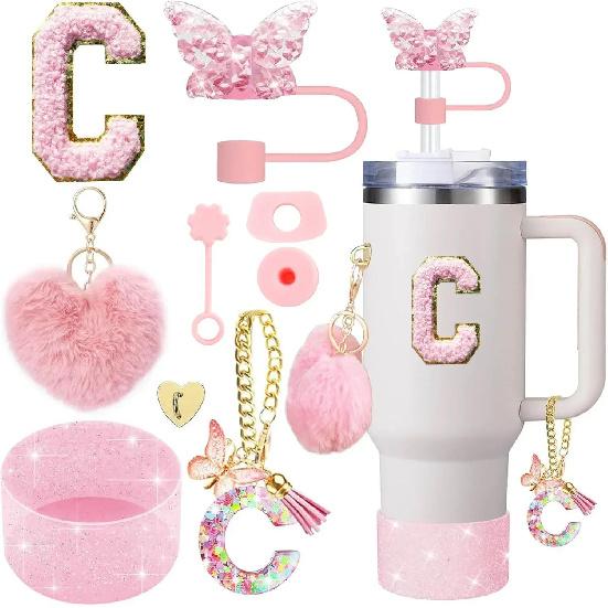 9PCS Accessory Set for Stanley Cup 30oz 40oz Butterfly Straw Cover Cap Silicone Boot Charm Initials Sticker Spill Proof Stopper Cup Holders 5