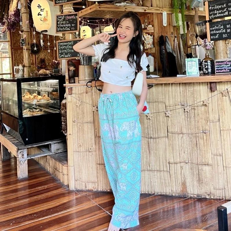 Elephant Pants Women Men Unisex Premium Japanese Silk Print Thailand Casual Streetwear Beach Bohemian Retro Vintage Adjustable Rope Loose Legs