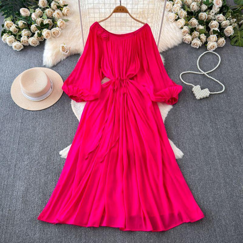 

Fashion Fancy Socialite Elegant Lantern Long Sleeve round Neck Waist Trimming Slimming Lace-up A- Shaped Glossy Dress Rose Red XL