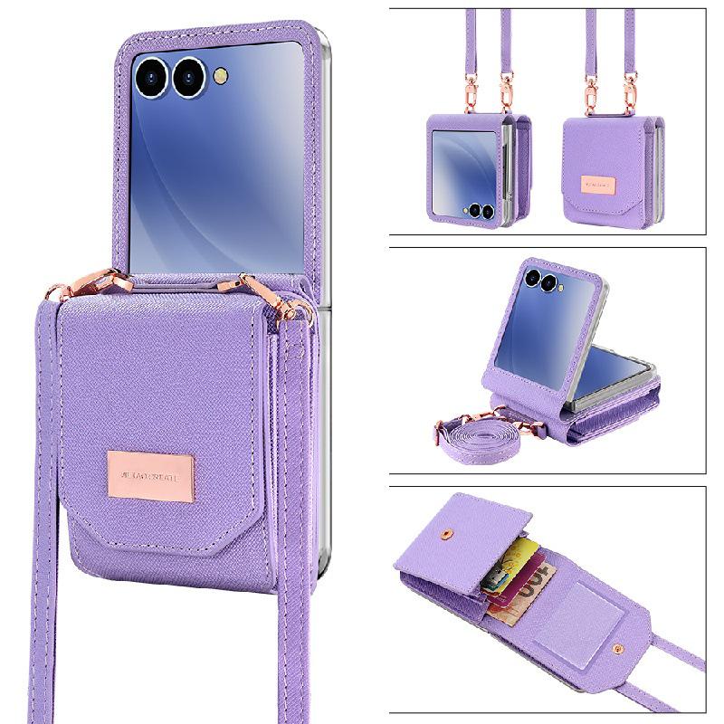 Stylish multi-card slot coin purse/phone case for Samsung Z Flip7, drop-proof, foldable, anti-lost, includes long crossbody strap.