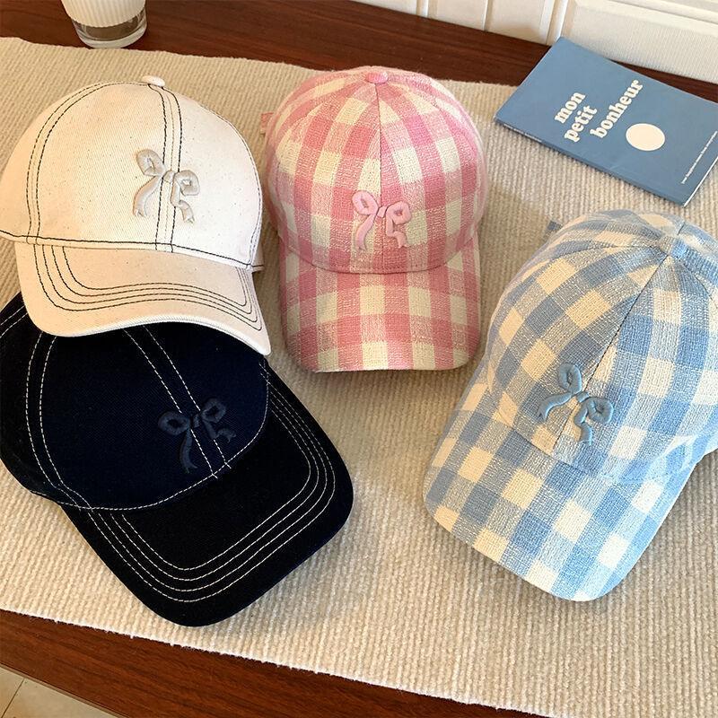2025 Spring/Summer Women's Plaid Bow Sun Protection Baseball Cap with Embroidery