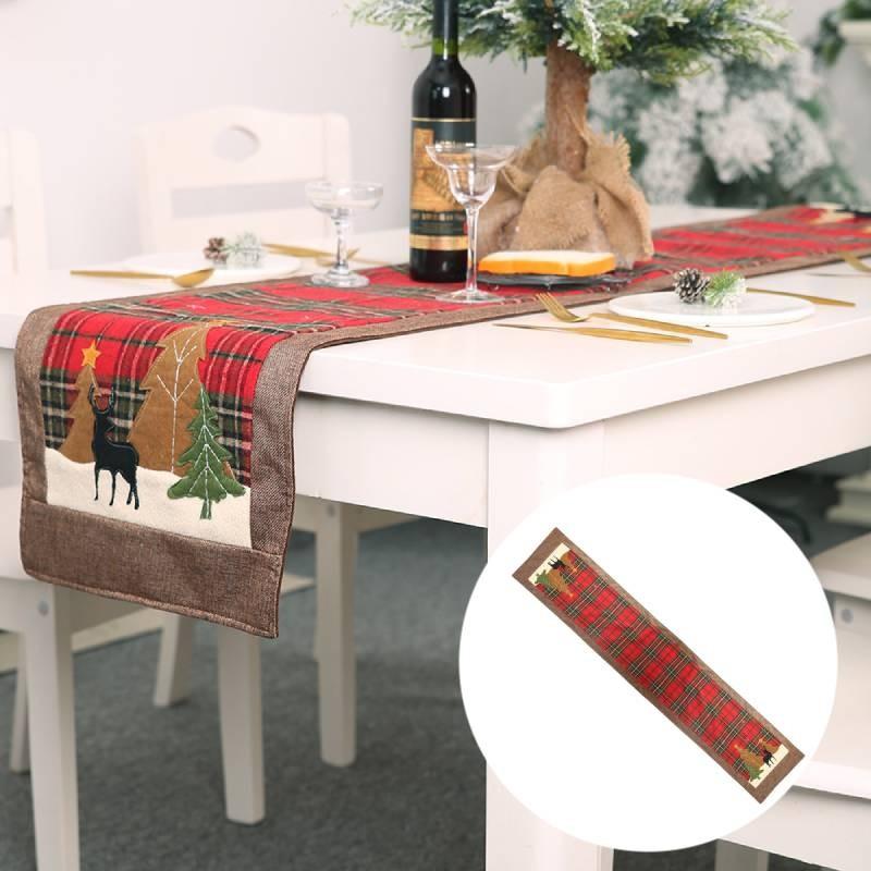 Charming Christmas Table Flag Stylish Plaid Fabric Embroidered Table Decor For Holiday Gatherings