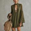 Women's Vintage Boho Green Lace Patchwork V-Neck Bell Sleeve Loose Fit Babydoll Dress