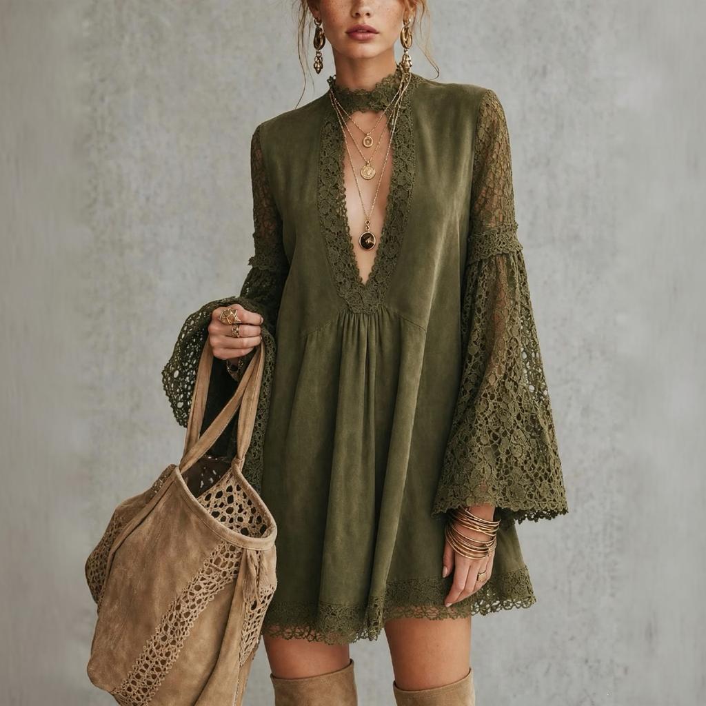 Women's Vintage Boho Green Lace Patchwork V-Neck Bell Sleeve Loose Fit Babydoll Dress