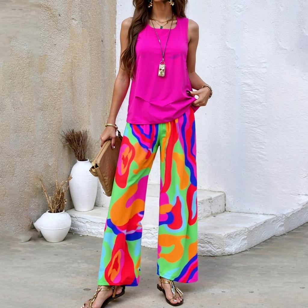 Zweiteiliges Sommer-Set für Damen, lockeres, ärmelloses, doppellagiges Westentop, lässige Hosen, Urlaubsset